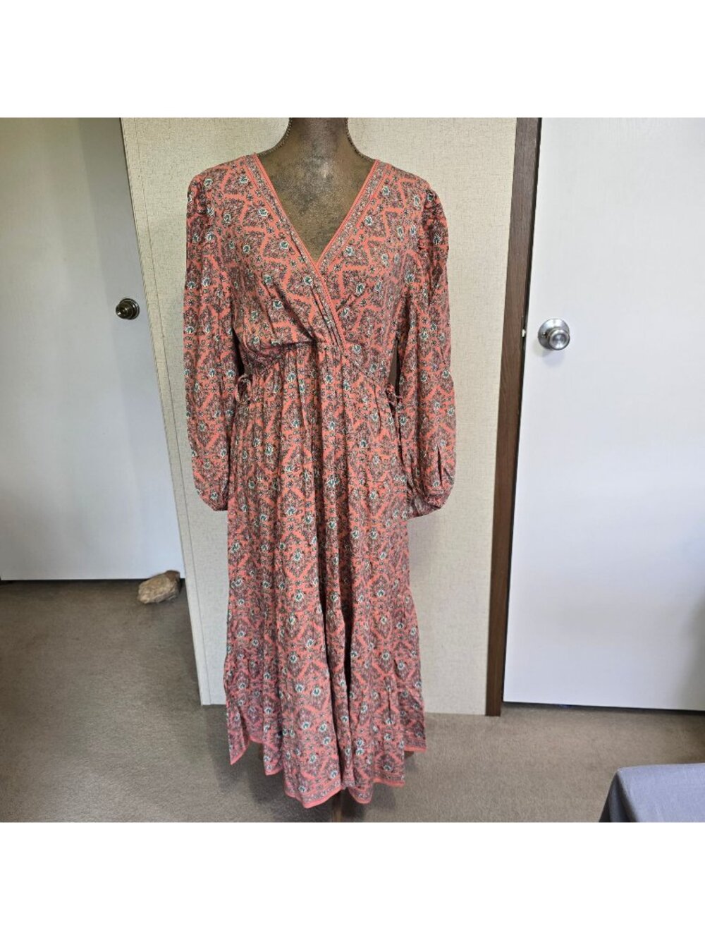 Max Studio Large Long Sleeve Boho Midi Dress Pink Floral Cottage Core